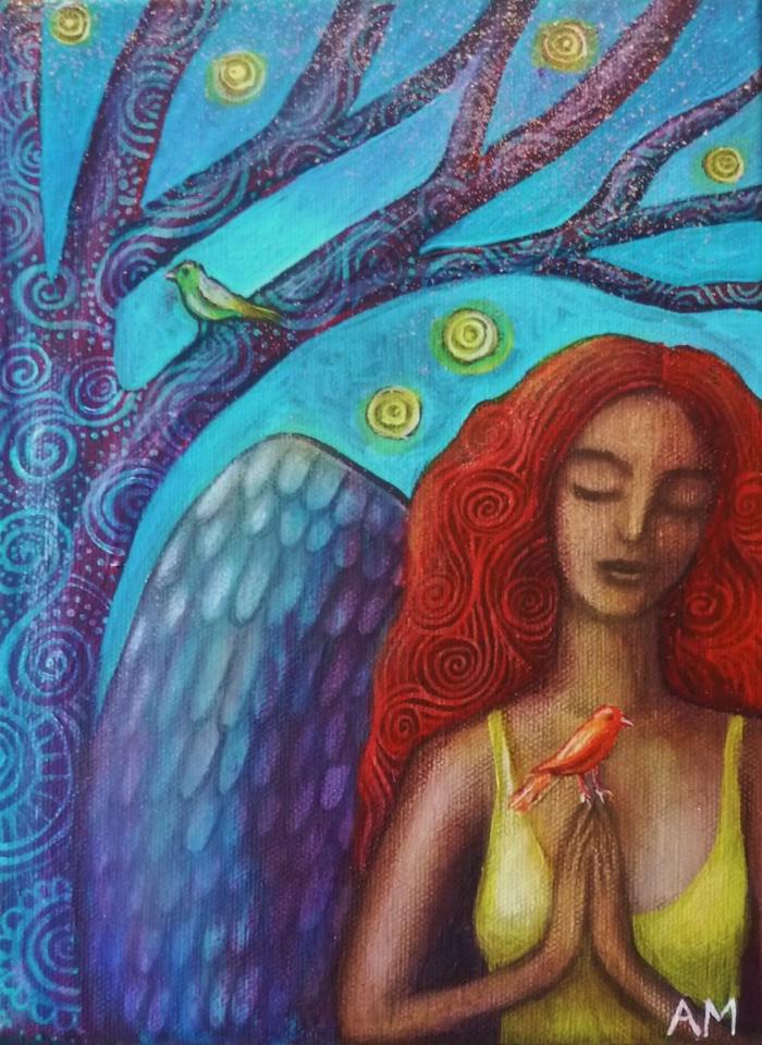 Woman Angel with Bird in prayer